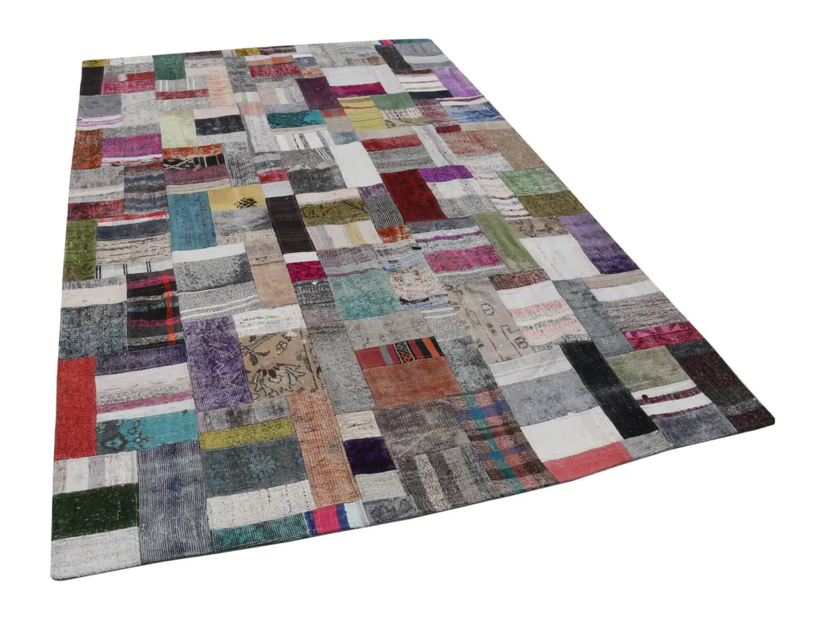 Chaput Patchwork Multi Renk Pamuk Üzerine Yün El Dokuma Kilim-200x300 - Görsel 3