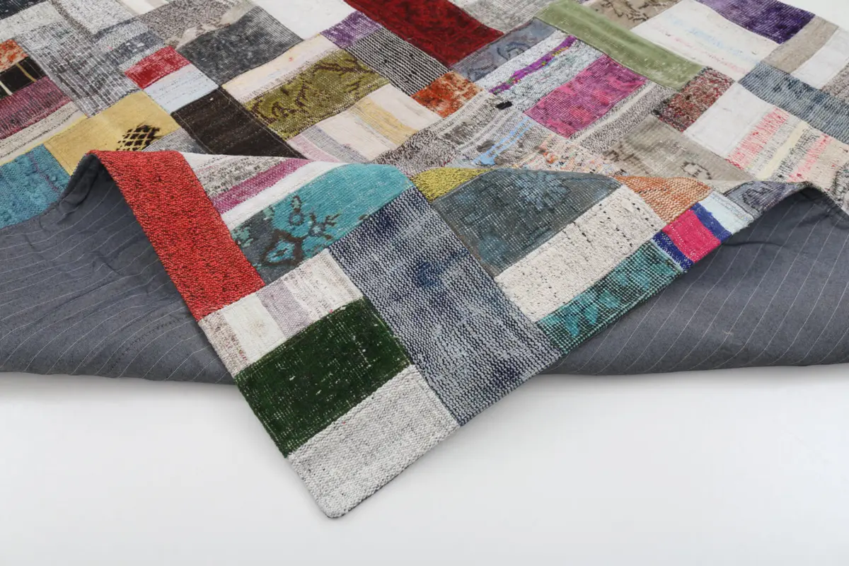 Chaput Patchwork Multi Renk Pamuk Üzerine Yün El Dokuma Kilim-200x300 - Görsel 5