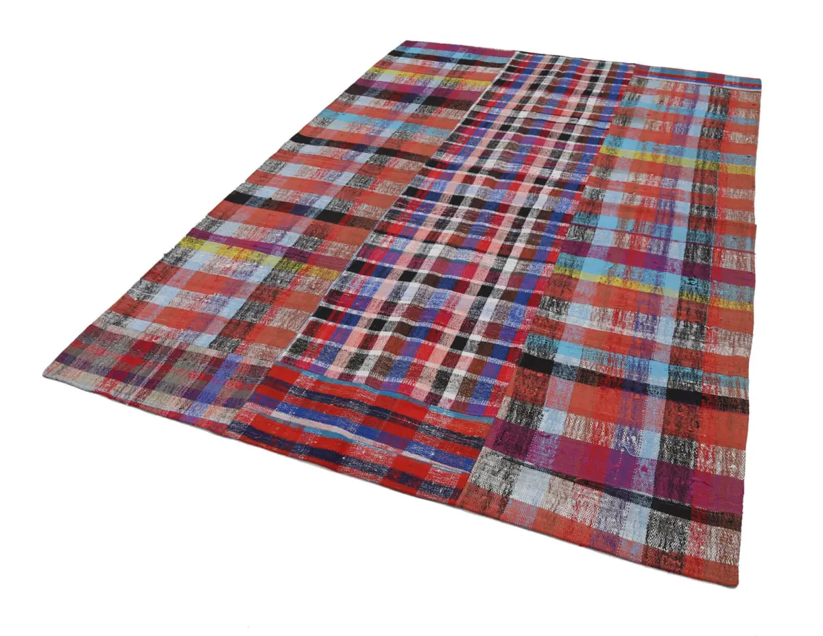 Chaput Patchwork Multi Renk Pamuk Üzerine Yün El Dokuma Kilim-205x295 - Görsel 2