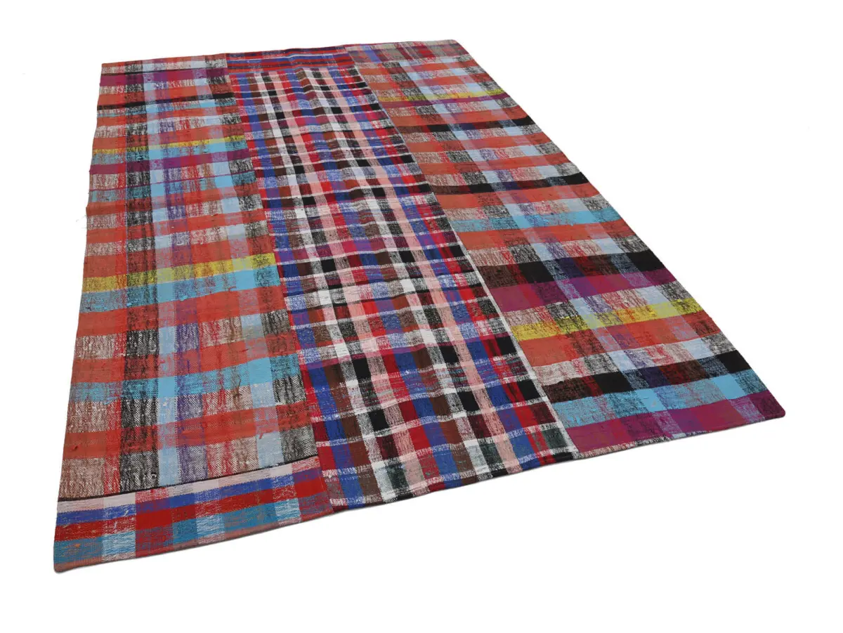 Chaput Patchwork Multi Renk Pamuk Üzerine Yün El Dokuma Kilim-205x295 - Görsel 3