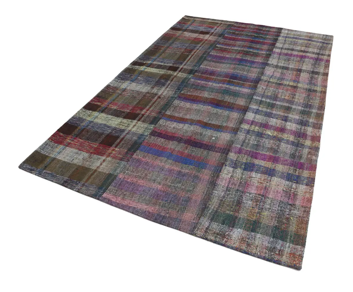 Chaput Patchwork Multi Renk Pamuk Üzerine Yün El Dokuma Kilim-191x303 - Görsel 2