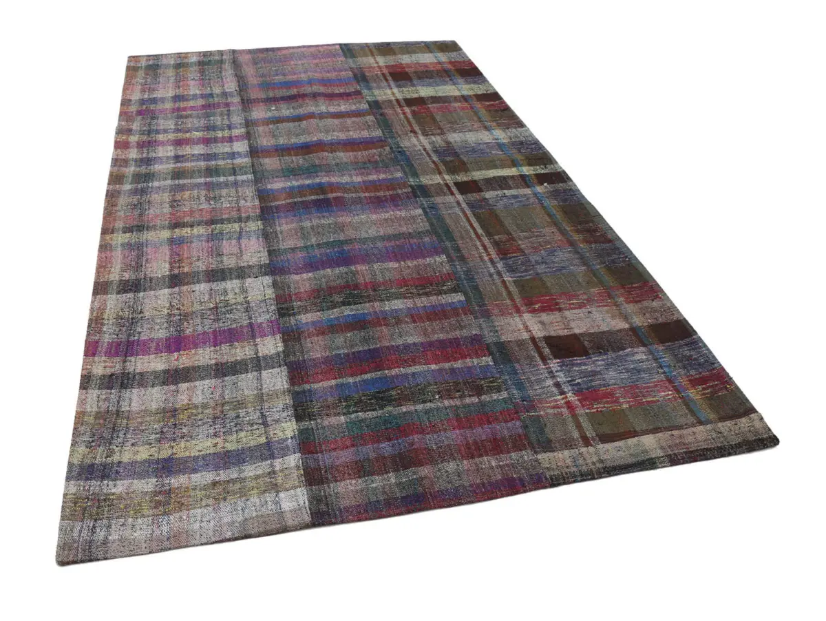 Chaput Patchwork Multi Renk Pamuk Üzerine Yün El Dokuma Kilim-191x303 - Görsel 3