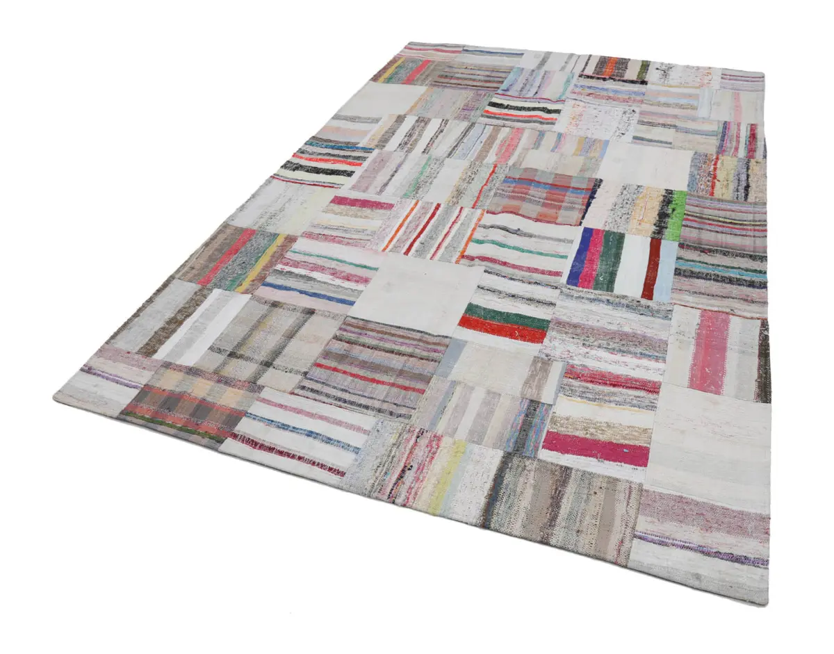 Chaput Patchwork Bej Renk Pamuk Üzerine Yün El Dokuma Kilim-204x304 - Görsel 2
