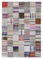 Chaput Patchwork Bej Renk Pamuk Üzerine Yün El Dokuma Kilim-210x300