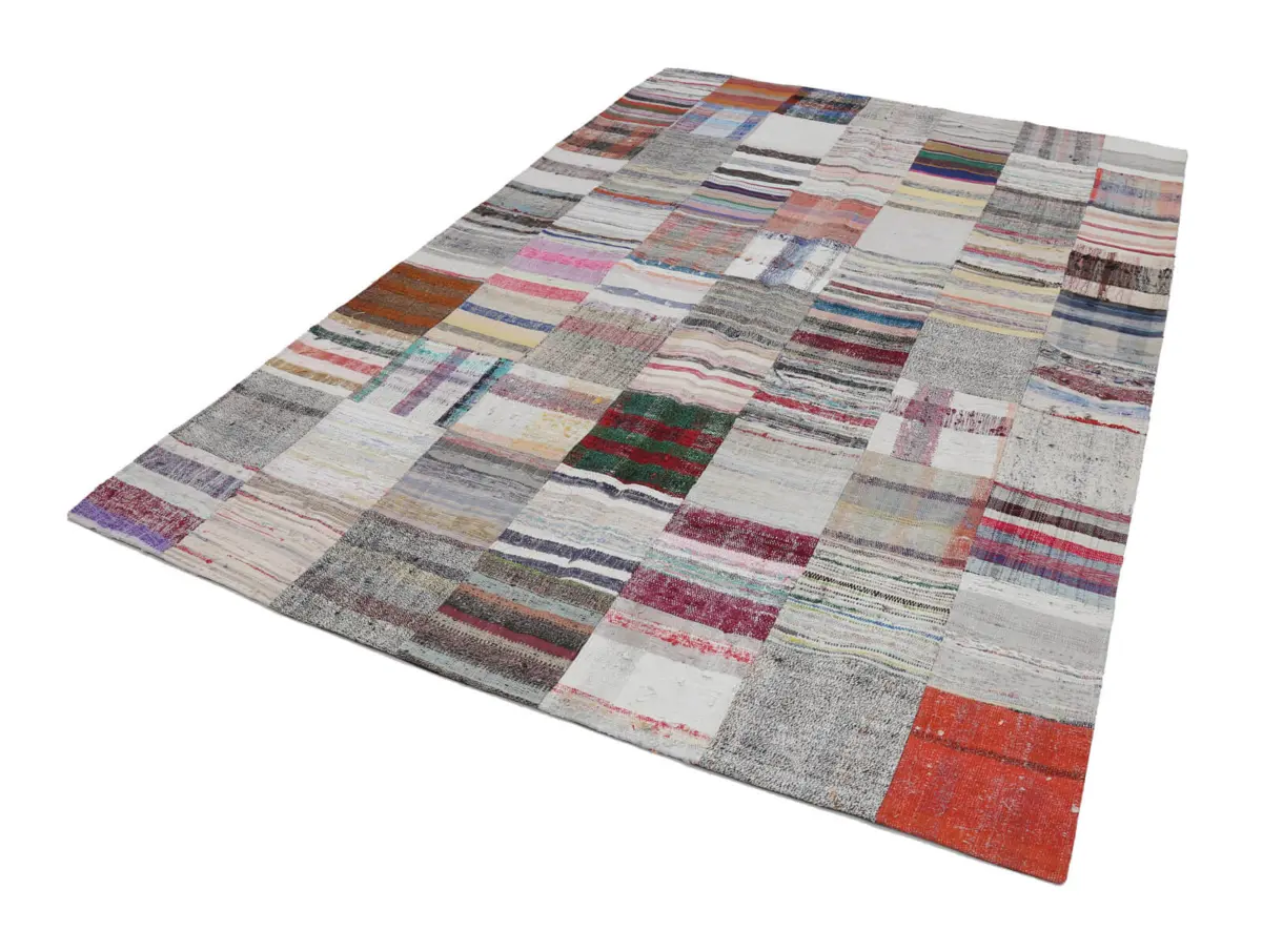 Chaput Patchwork Bej Renk Pamuk Üzerine Yün El Dokuma Kilim-210x300 - Görsel 2