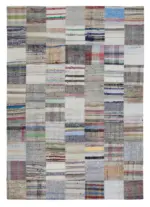 Chaput Patchwork Bej Renk Pamuk Üzerine Yün El Dokuma Kilim-210x300