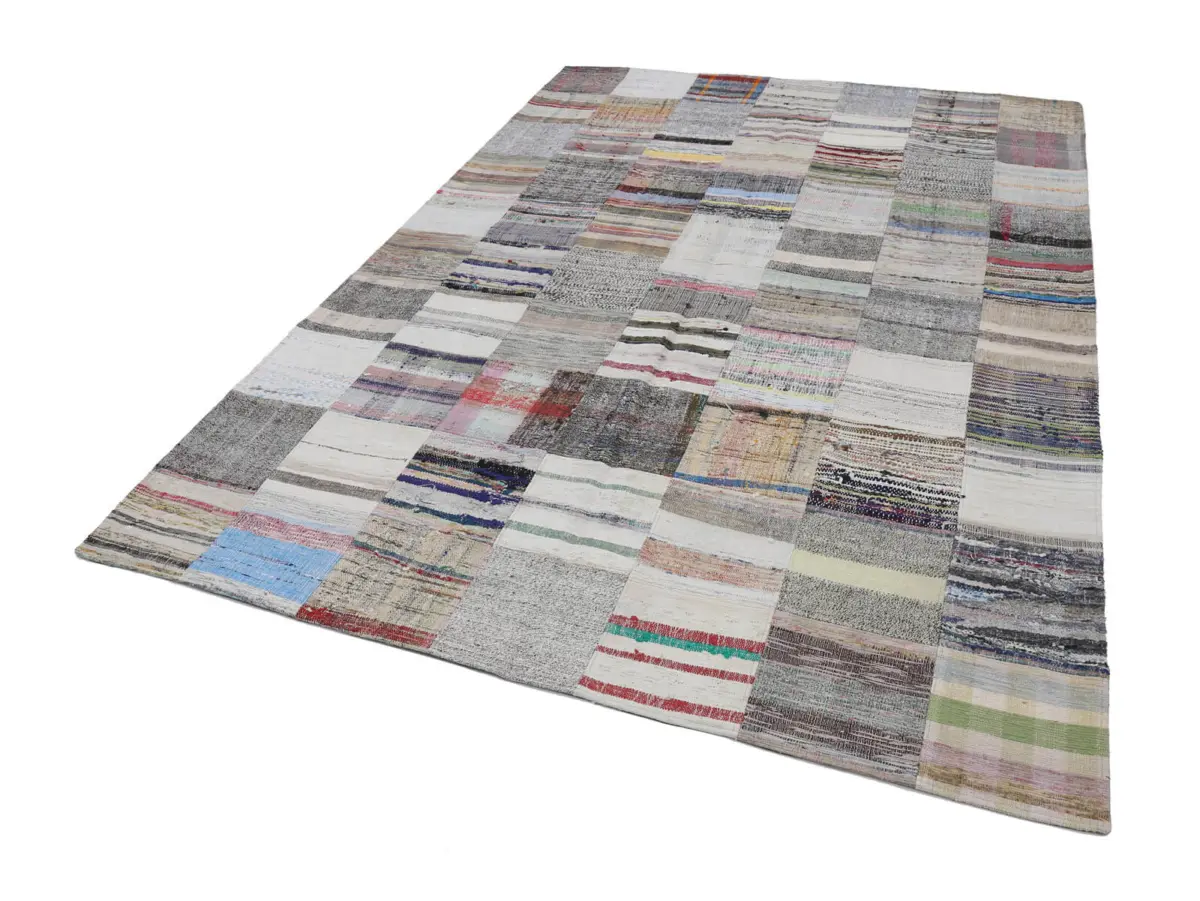 Chaput Patchwork Bej Renk Pamuk Üzerine Yün El Dokuma Kilim-210x300 - Görsel 2