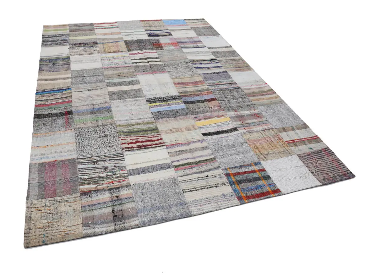 Chaput Patchwork Bej Renk Pamuk Üzerine Yün El Dokuma Kilim-210x300 - Görsel 3