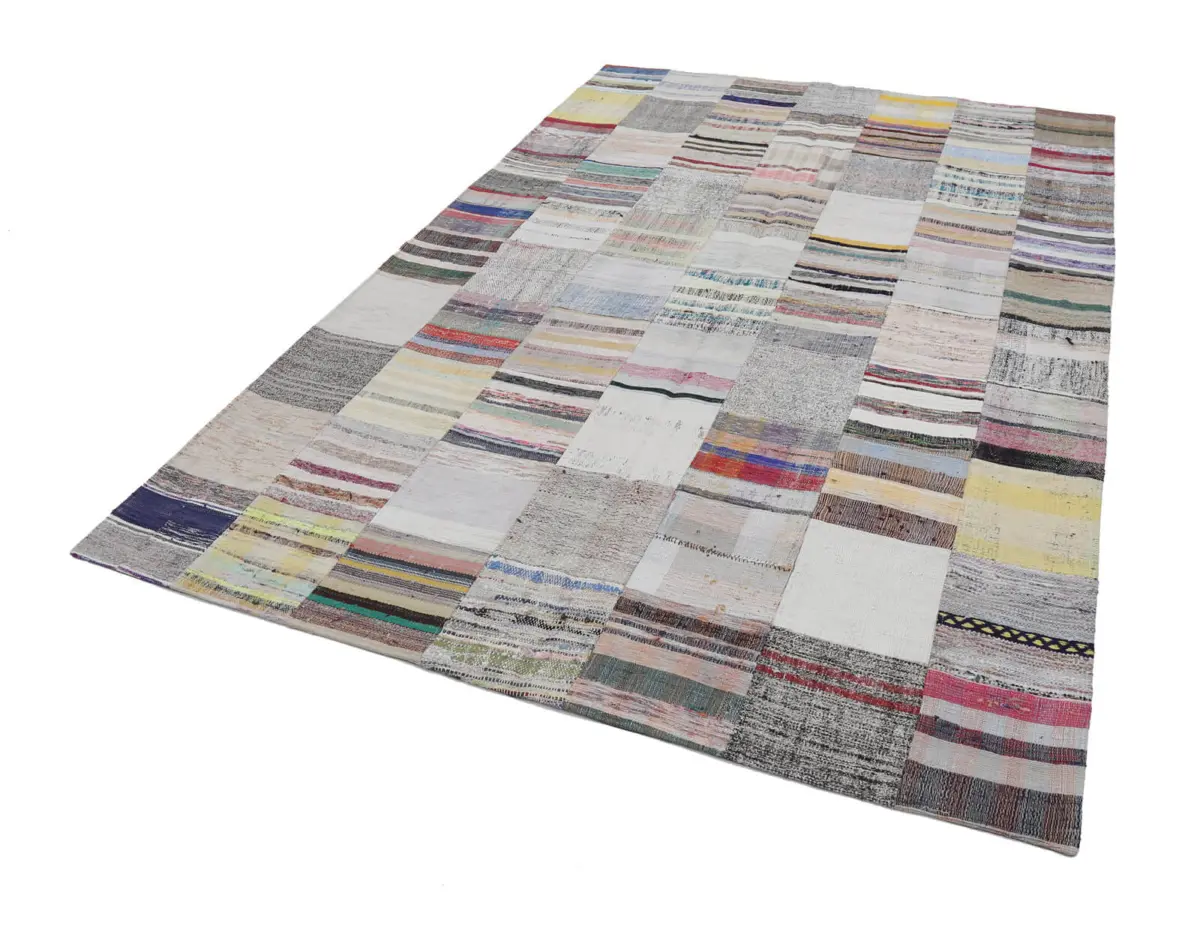 Chaput Patchwork Bej Renk Pamuk Üzerine Yün El Dokuma Kilim-201x299 - Görsel 2