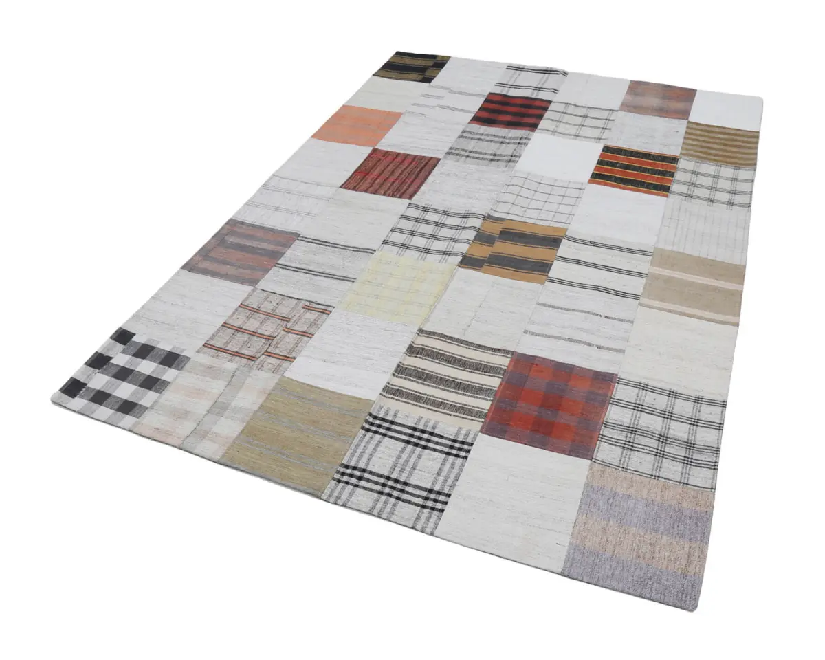 İnce Bez Patchwork Bej Pamuk Üzerine Yün El Dokuma Kilim-174x242 - Görsel 2