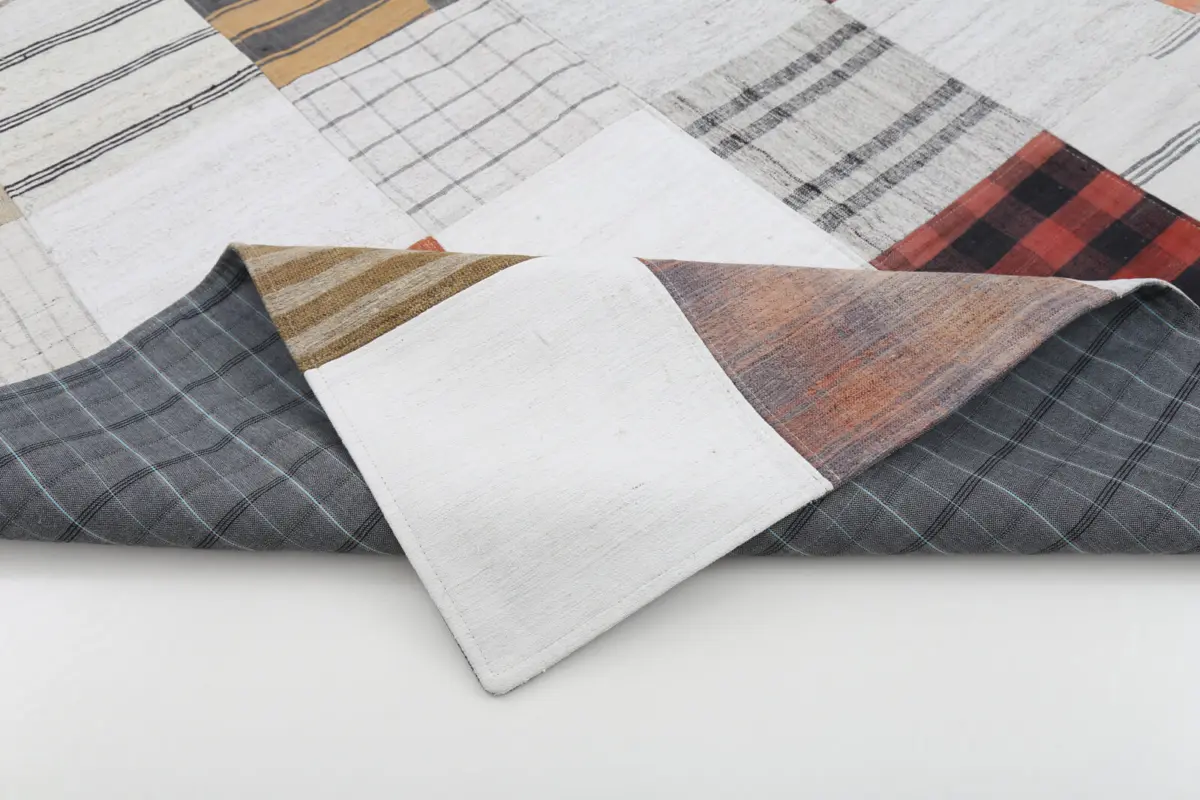 İnce Bez Patchwork Bej Pamuk Üzerine Yün El Dokuma Kilim-174x242 - Görsel 5