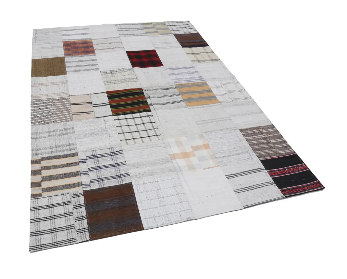 İnce Bez Patchwork Bej Pamuk Üzerine Yün El Dokuma Kilim-174x242 - Görsel 3