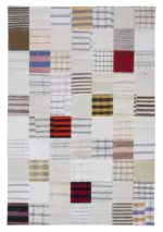 İnce Bez Patchwork Bej Pamuk Üzerine Yün El Dokuma Kilim-202x298