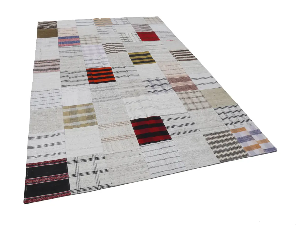 İnce Bez Patchwork Bej Pamuk Üzerine Yün El Dokuma Kilim-202x298 - Görsel 3