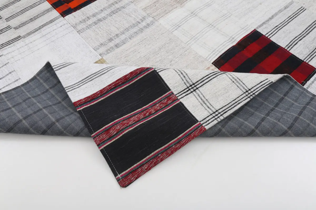 İnce Bez Patchwork Bej Pamuk Üzerine Yün El Dokuma Kilim-202x298 - Görsel 5