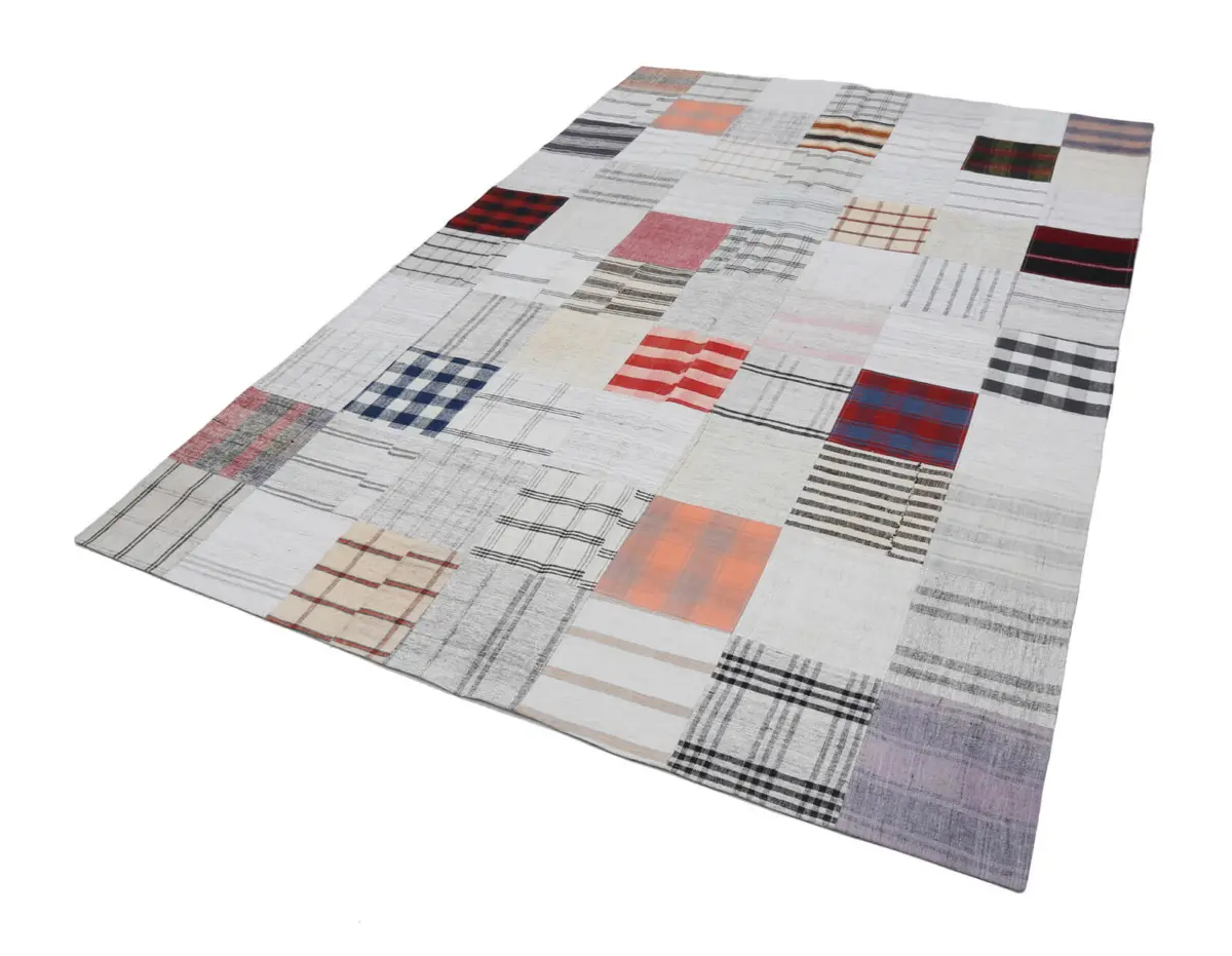 İnce Bez Patchwork Bej Pamuk Üzerine Yün El Dokuma Kilim-202x301 - Görsel 2
