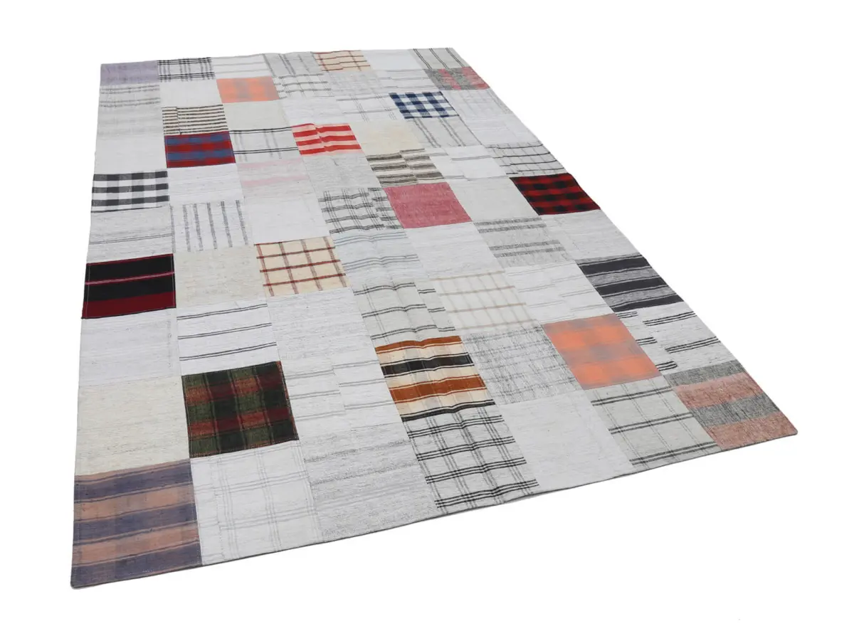 İnce Bez Patchwork Bej Pamuk Üzerine Yün El Dokuma Kilim-202x301 - Görsel 3