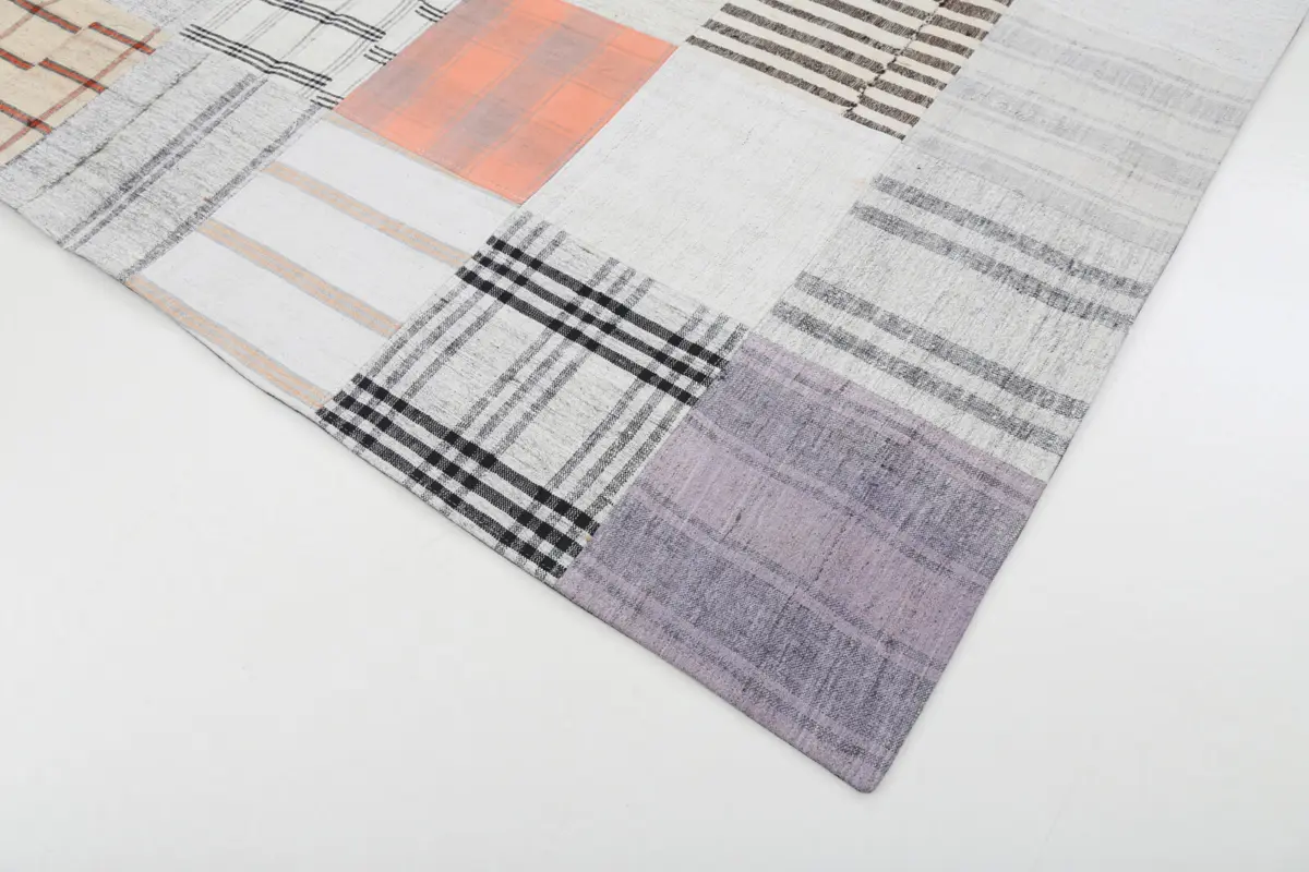 İnce Bez Patchwork Bej Pamuk Üzerine Yün El Dokuma Kilim-202x301 - Görsel 4