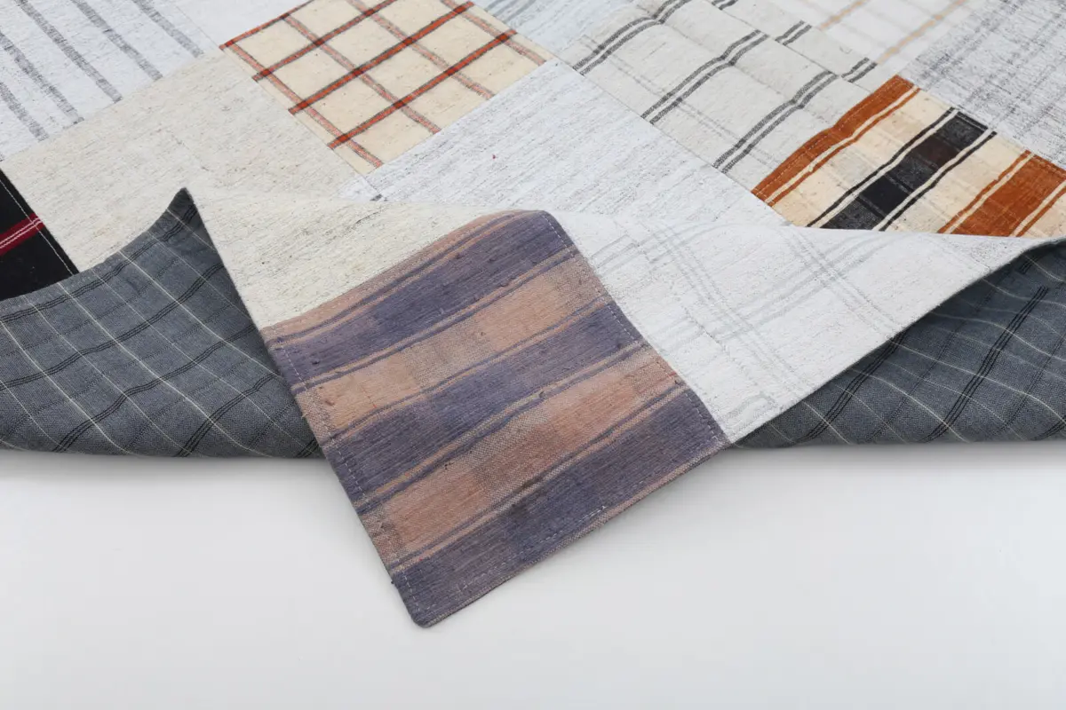 İnce Bez Patchwork Bej Pamuk Üzerine Yün El Dokuma Kilim-202x301 - Görsel 5