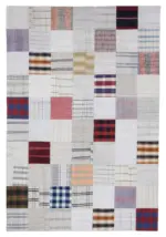 İnce Bez Patchwork Bej Pamuk Üzerine Yün El Dokuma Kilim-201x299