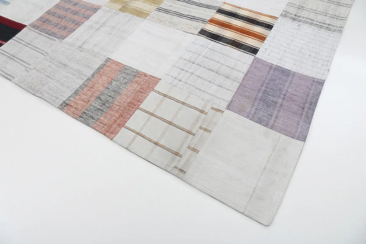 İnce Bez Patchwork Bej Pamuk Üzerine Yün El Dokuma Kilim-201x299 - Görsel 4