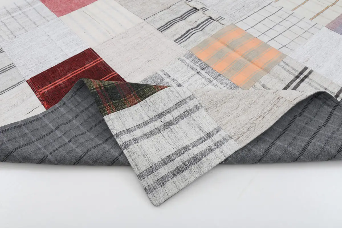 İnce Bez Patchwork Bej Pamuk Üzerine Yün El Dokuma Kilim-201x299 - Görsel 5
