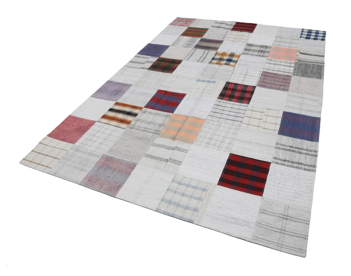 İnce Bez Patchwork Bej Pamuk Üzerine Yün El Dokuma Kilim-202x300 - Görsel 2