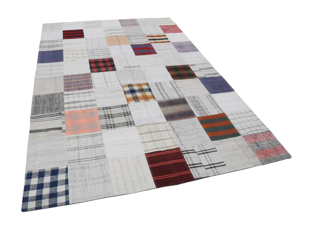 İnce Bez Patchwork Bej Pamuk Üzerine Yün El Dokuma Kilim-202x300 - Görsel 3