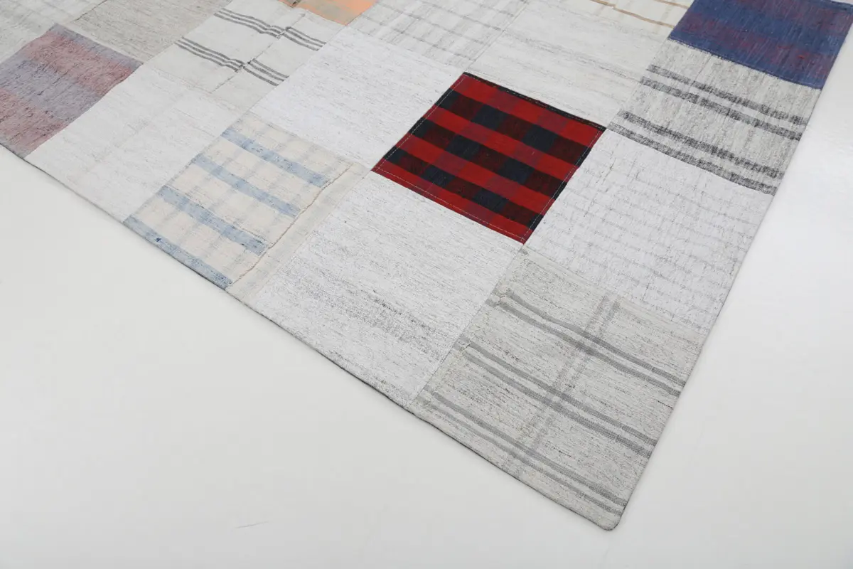 İnce Bez Patchwork Bej Pamuk Üzerine Yün El Dokuma Kilim-202x300 - Görsel 4