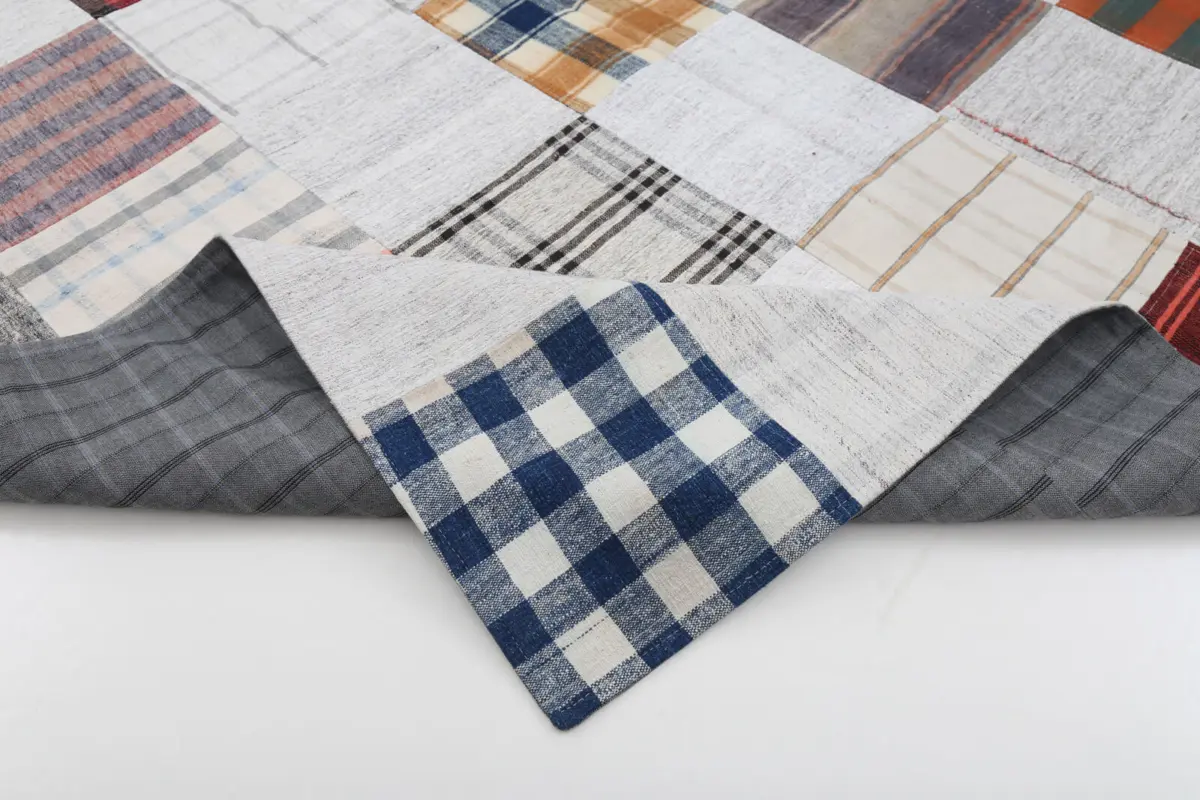 İnce Bez Patchwork Bej Pamuk Üzerine Yün El Dokuma Kilim-202x300 - Görsel 5