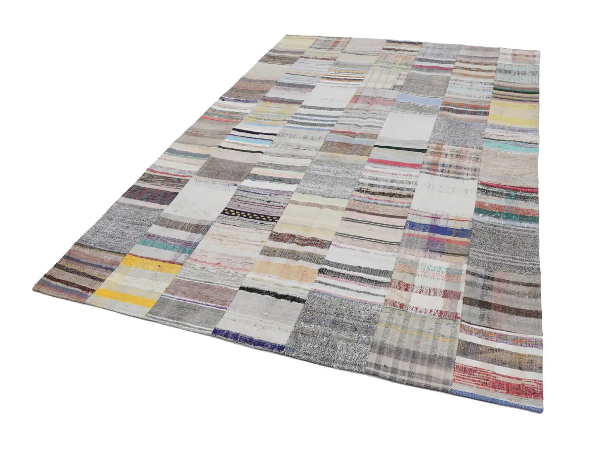 Chaput Patchwork Bej Renk Pamuk Üzerine Yün El Dokuma Kilim-200x300 - Görsel 2