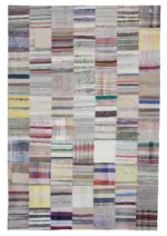 Chaput Patchwork Bej Renk Pamuk Üzerine Yün El Dokuma Kilim-201x299