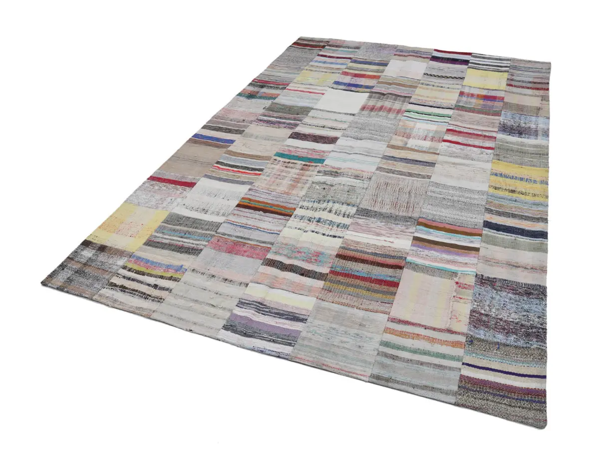 Chaput Patchwork Bej Renk Pamuk Üzerine Yün El Dokuma Kilim-201x299 - Görsel 2