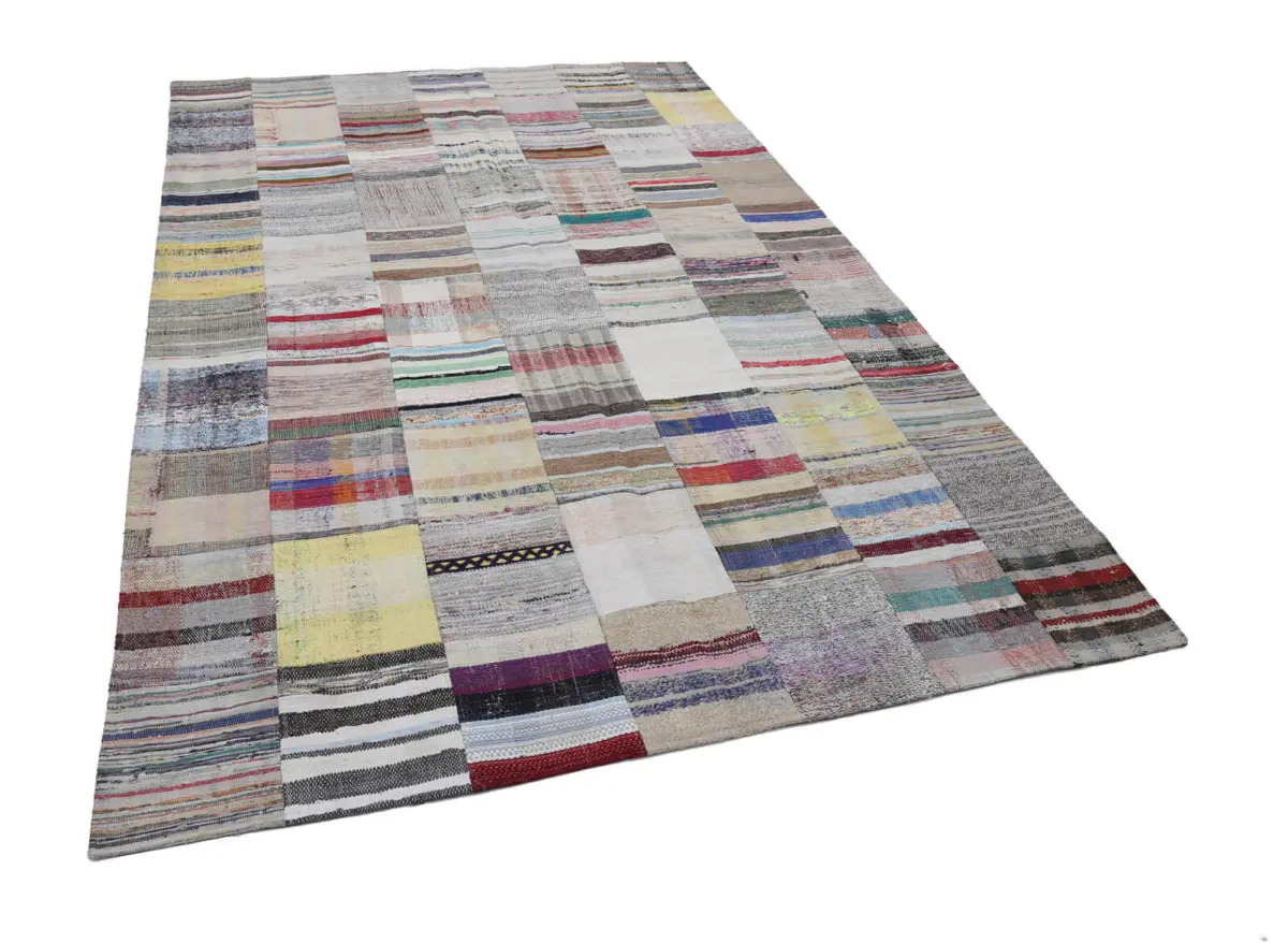 Chaput Patchwork Bej Renk Pamuk Üzerine Yün El Dokuma Kilim-201x299 - Görsel 3