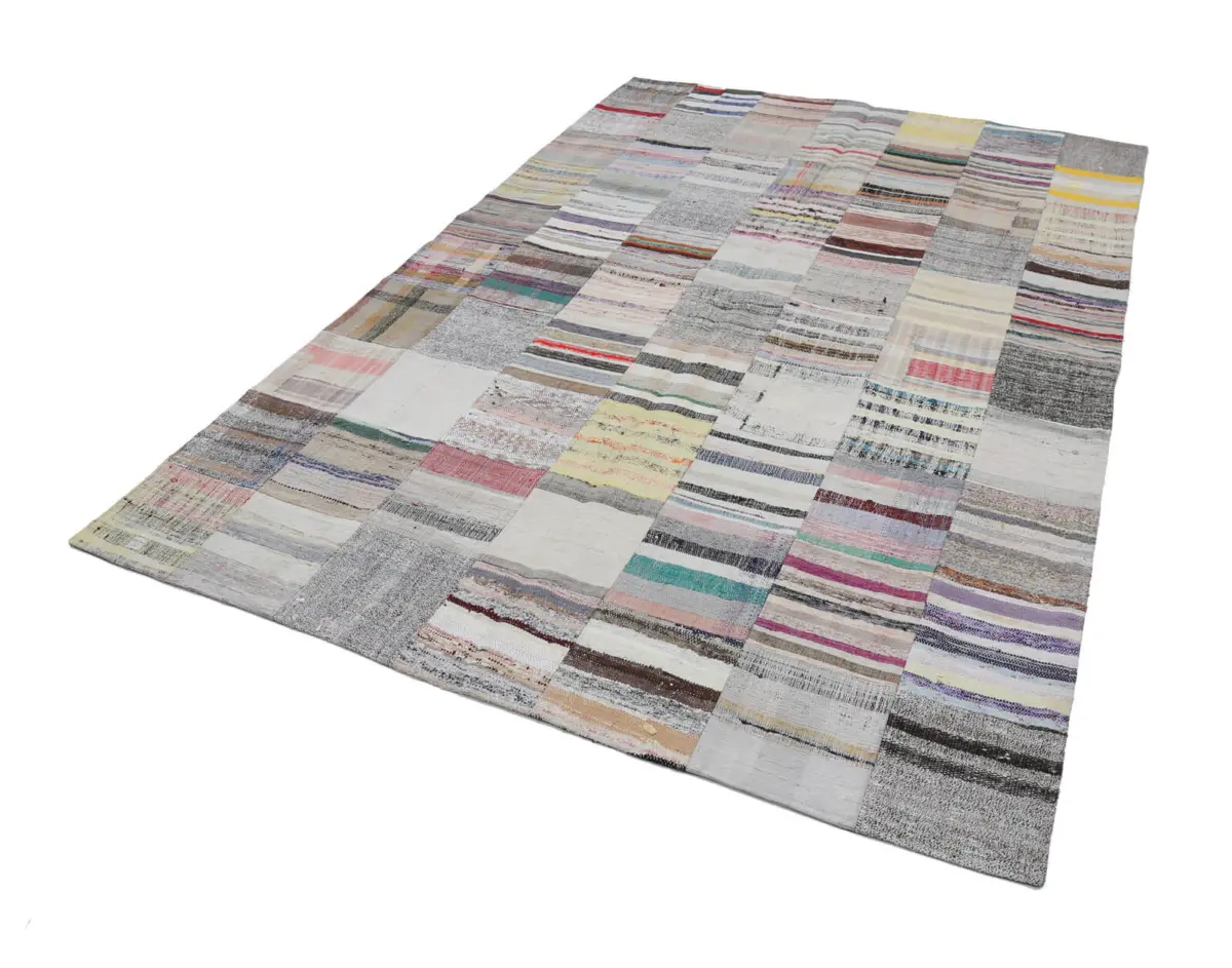 Chaput Patchwork Bej Renk Pamuk Üzerine Yün El Dokuma Kilim-202x299 - Görsel 2
