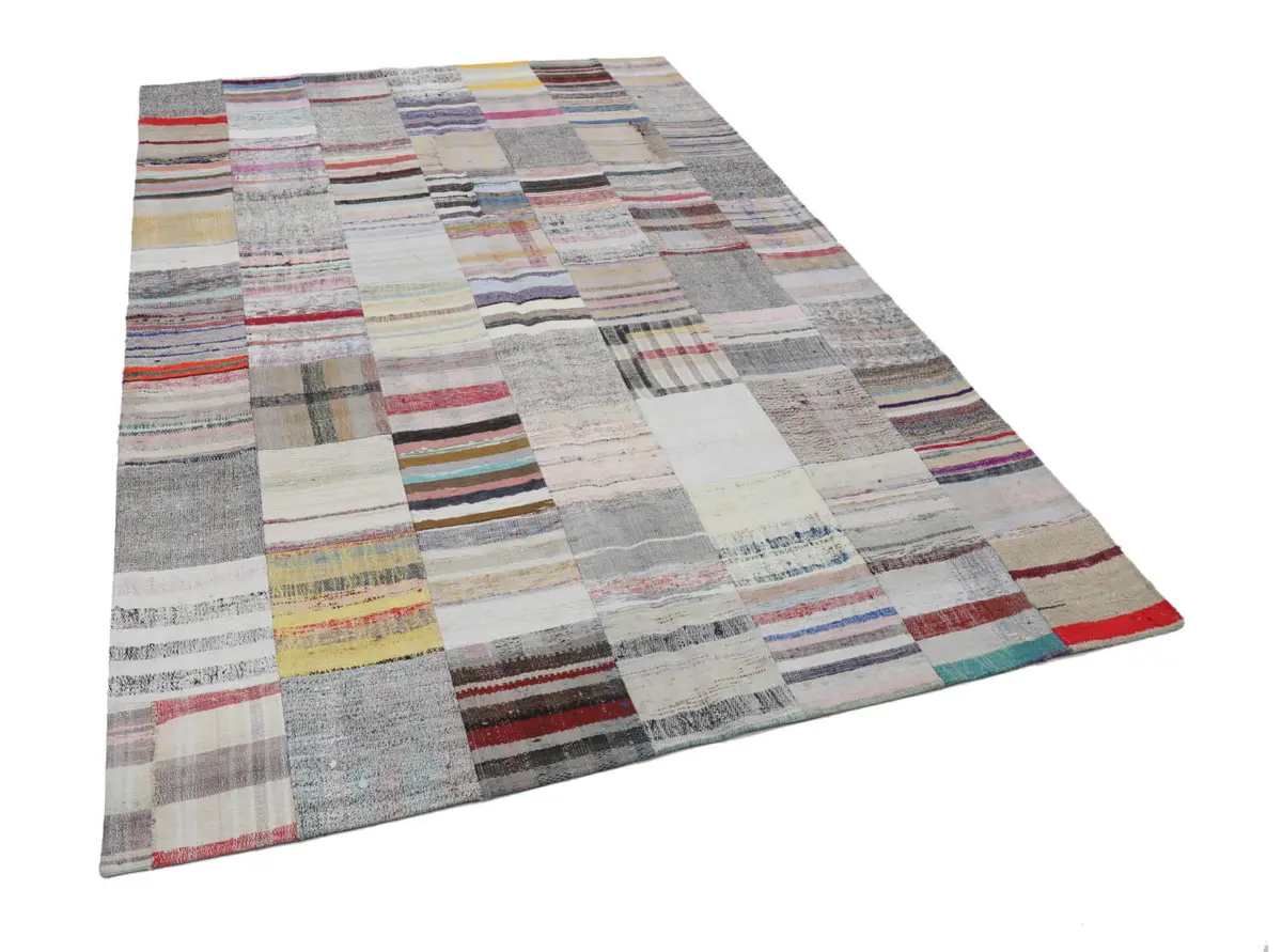 Chaput Patchwork Bej Renk Pamuk Üzerine Yün El Dokuma Kilim-202x299 - Görsel 3