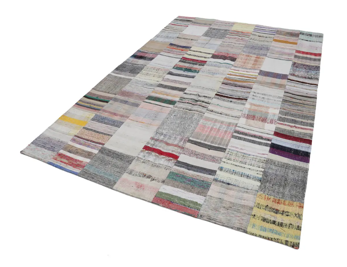 Chaput Patchwork Bej Renk Pamuk Üzerine Yün El Dokuma Kilim-201x300 - Görsel 2