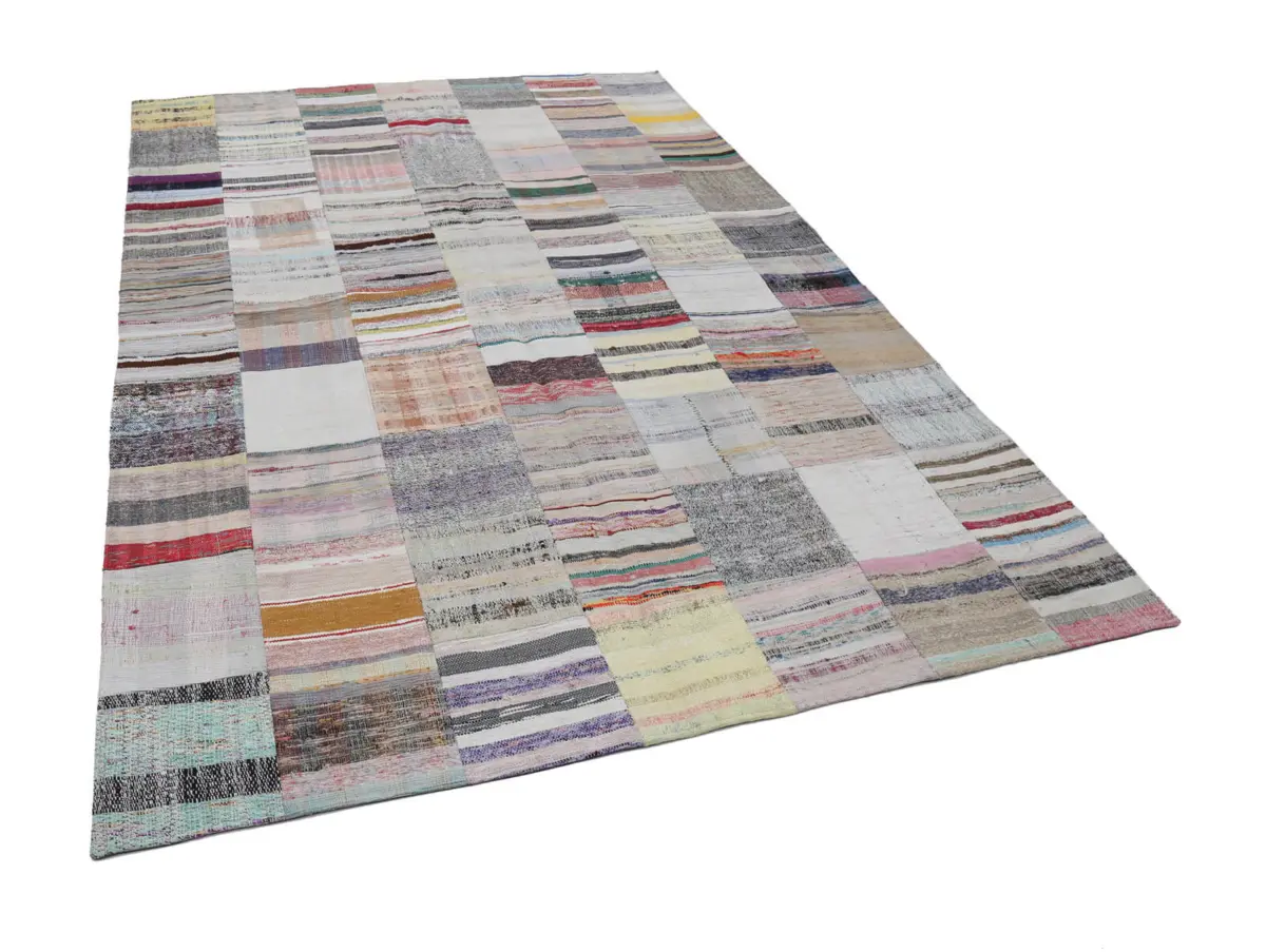 Chaput Patchwork Bej Renk Pamuk Üzerine Yün El Dokuma Kilim-201x300 - Görsel 3