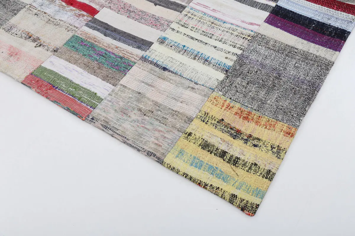 Chaput Patchwork Bej Renk Pamuk Üzerine Yün El Dokuma Kilim-201x300 - Görsel 4