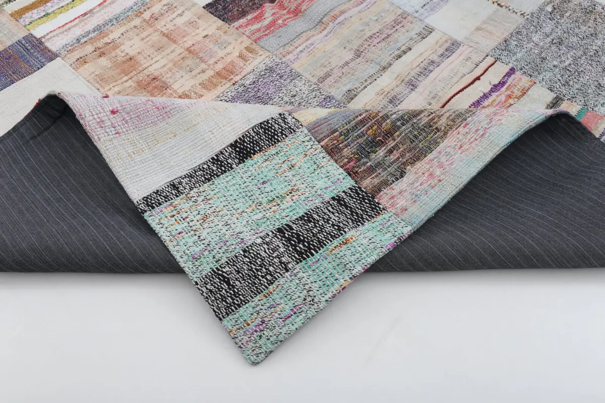Chaput Patchwork Bej Renk Pamuk Üzerine Yün El Dokuma Kilim-201x300 - Görsel 5