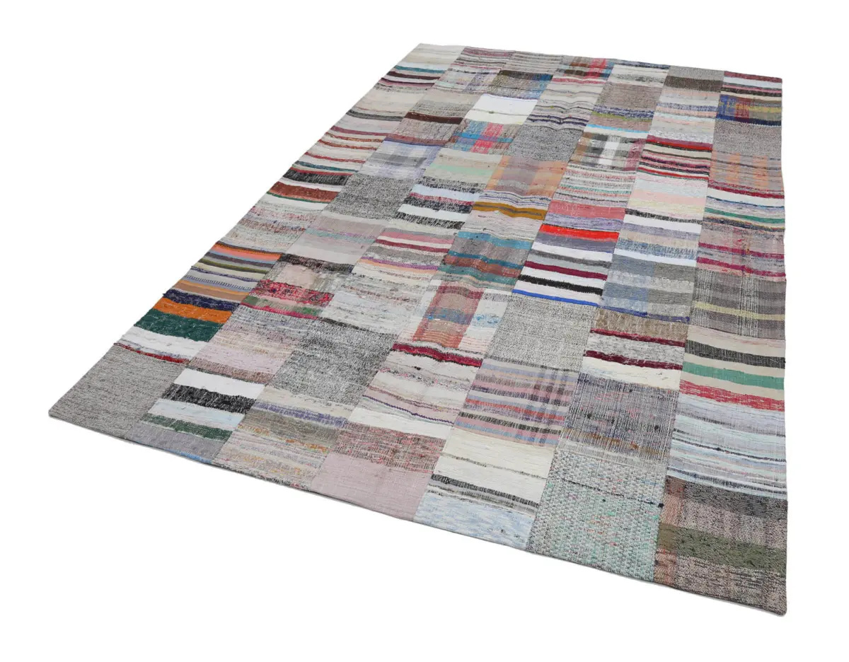 Chaput Patchwork Multi Renk Pamuk Üzerine Yün El Dokuma Kilim-200x302 - Görsel 2