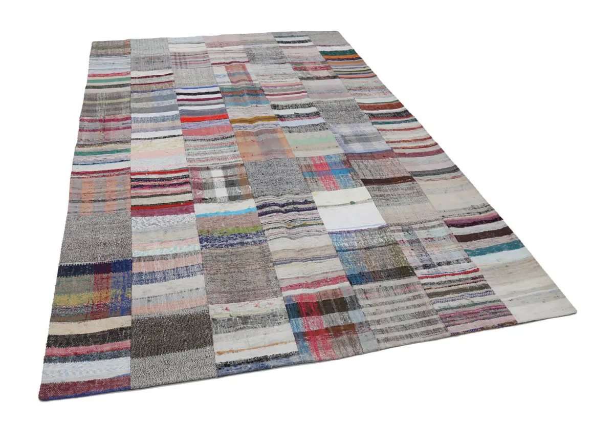 Chaput Patchwork Multi Renk Pamuk Üzerine Yün El Dokuma Kilim-200x302 - Görsel 3