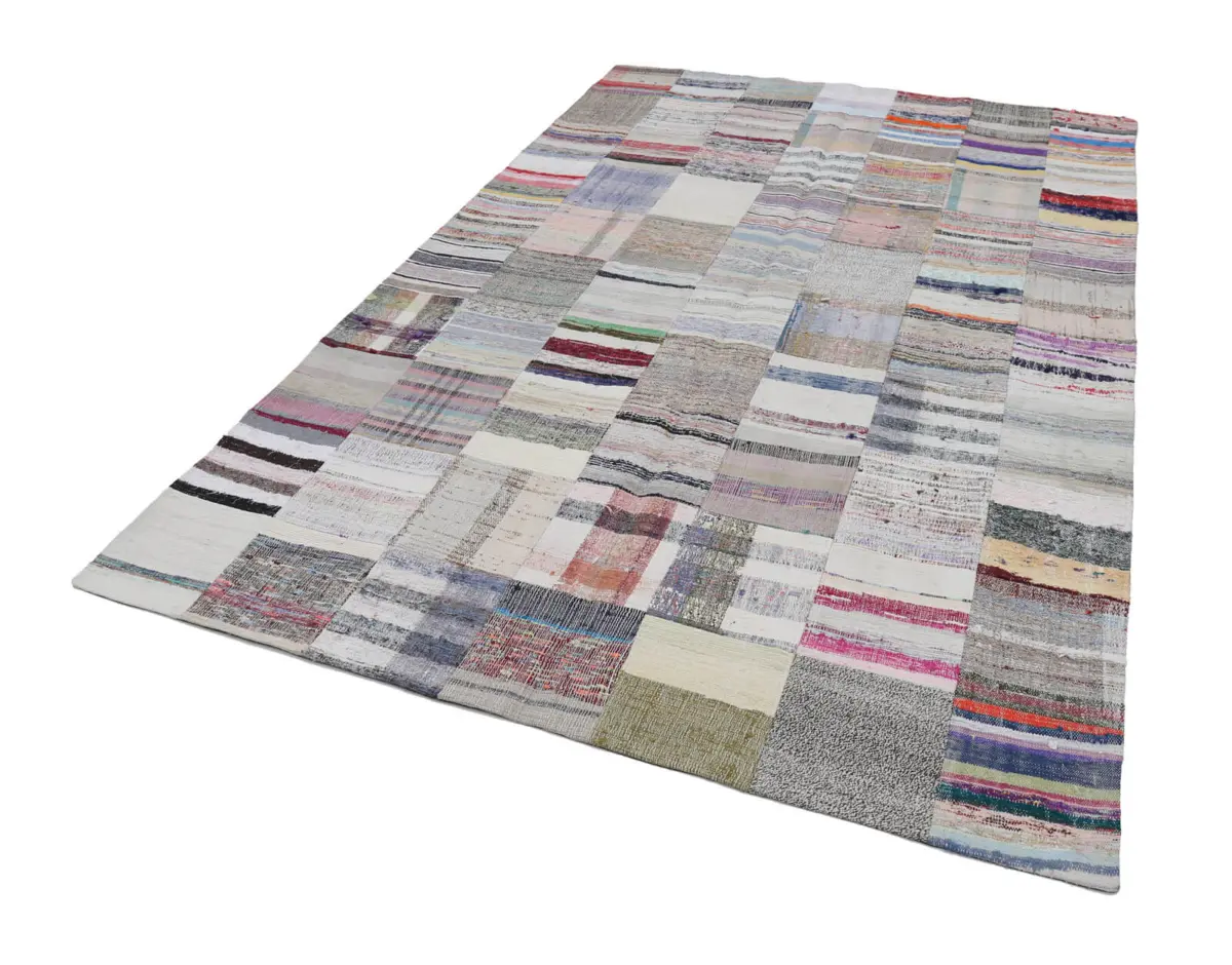 Chaput Patchwork Bej Renk Pamuk Üzerine Yün El Dokuma Kilim-201x300 - Görsel 2