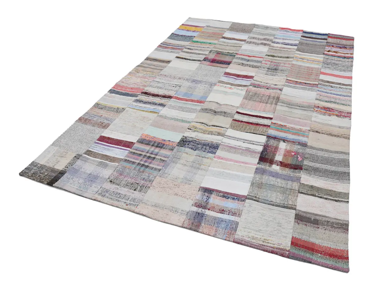 Chaput Patchwork Bej Renk Pamuk Üzerine Yün El Dokuma Kilim-201x299 - Görsel 2