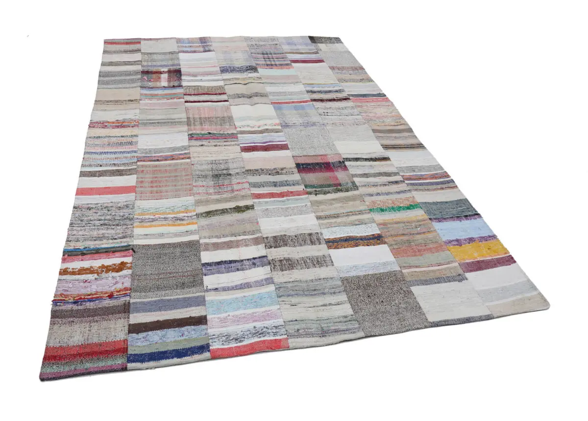 Chaput Patchwork Bej Renk Pamuk Üzerine Yün El Dokuma Kilim-201x299 - Görsel 3