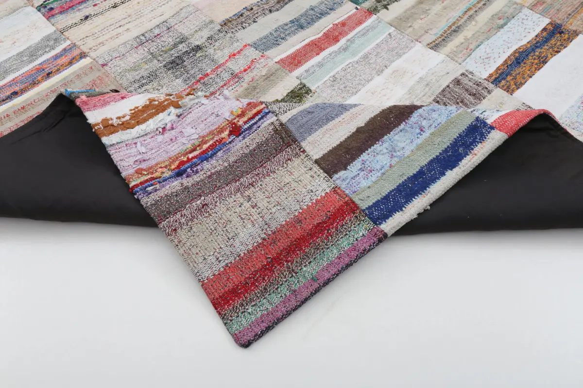 Chaput Patchwork Bej Renk Pamuk Üzerine Yün El Dokuma Kilim-201x299 - Görsel 5