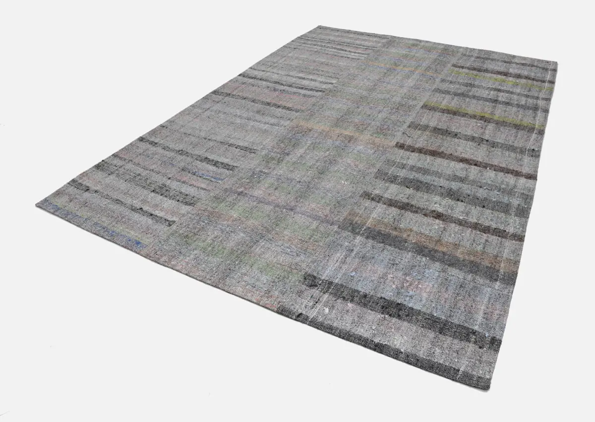Chaput Patchwork Gri Renk Pamuk Üzerine Yün El Dokuma Kilim-247x350 - Görsel 2