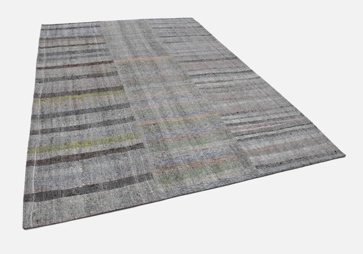 Chaput Patchwork Gri Renk Pamuk Üzerine Yün El Dokuma Kilim-247x350 - Görsel 3
