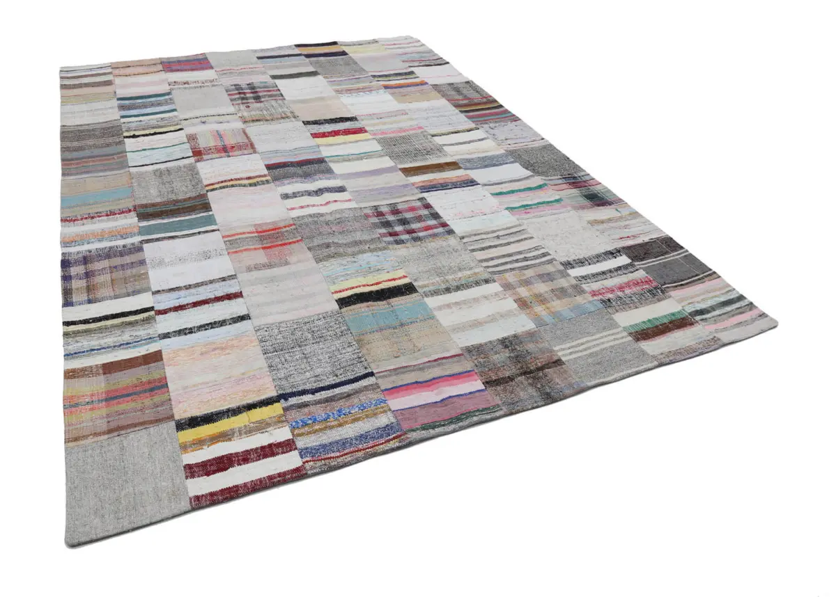 Chaput Patchwork Bej Renk Pamuk Üzerine Yün El Dokuma Kilim-248x338 - Görsel 3