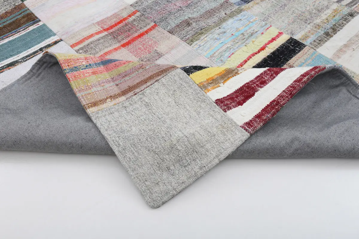 Chaput Patchwork Bej Renk Pamuk Üzerine Yün El Dokuma Kilim-248x338 - Görsel 5